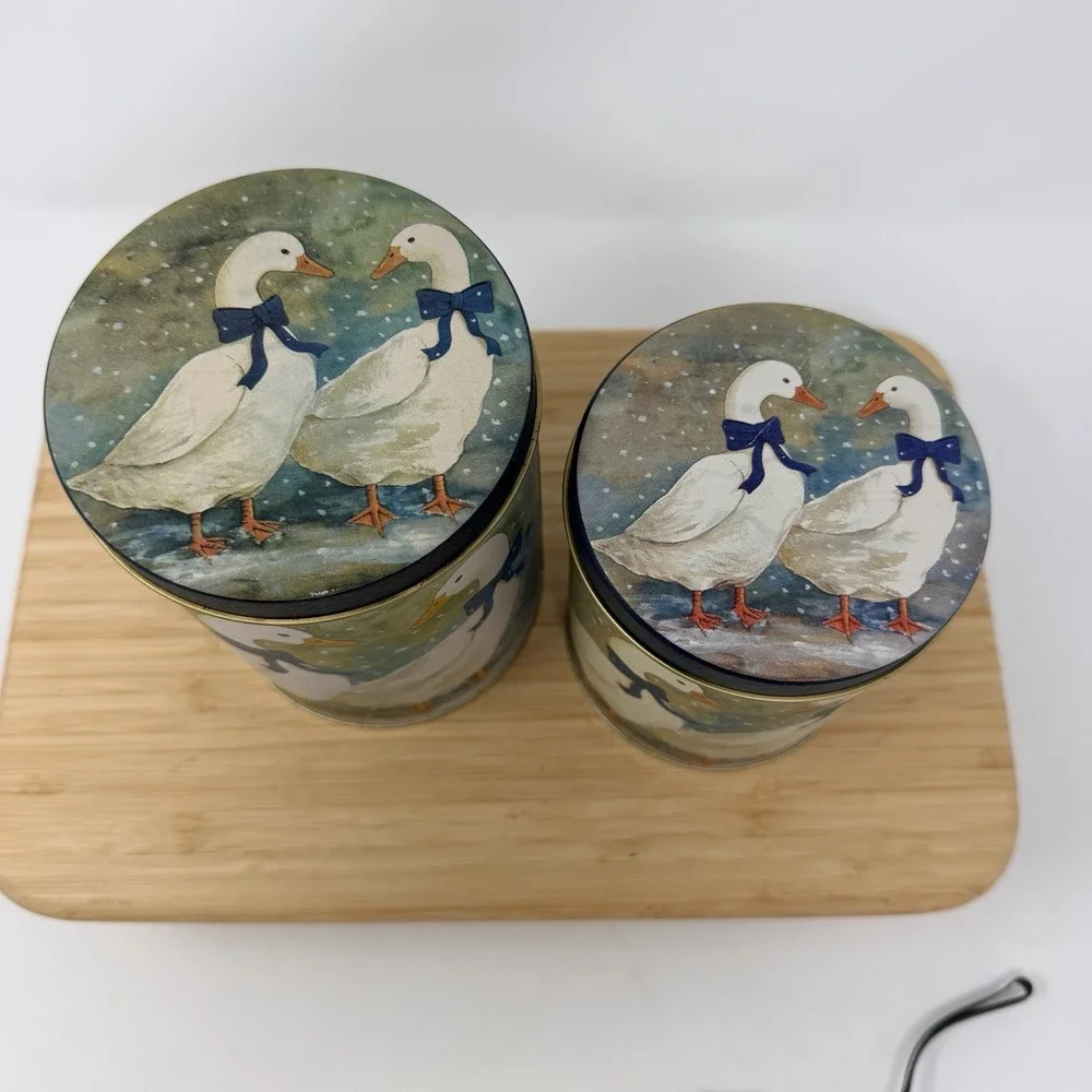 Vintage White Goose & Blue Bow Nesting Tin Canister Set of 2 Kitch Grandma Core